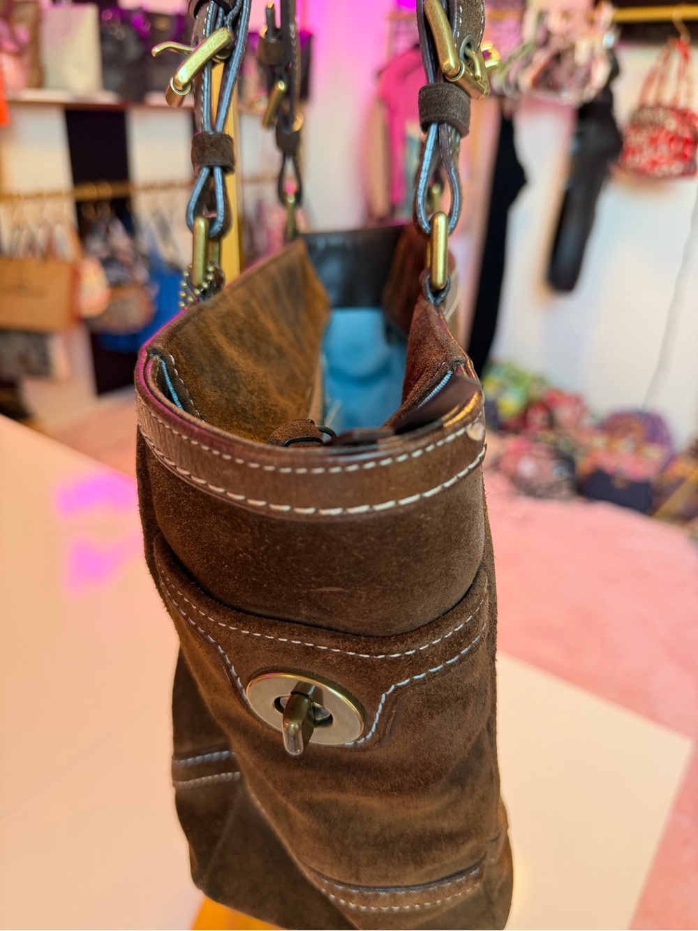 🤎 Vintage Coach Brown Suede Turnlock Tote Shoulder Bag Aqua Blue Lining Leather - Picture 15 of 17